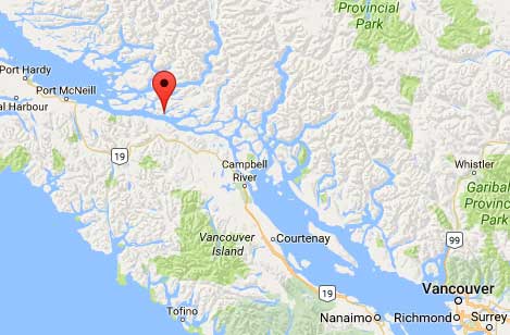 Google Map showing the location of Port Neville. Vancouver is in the lower right corner.